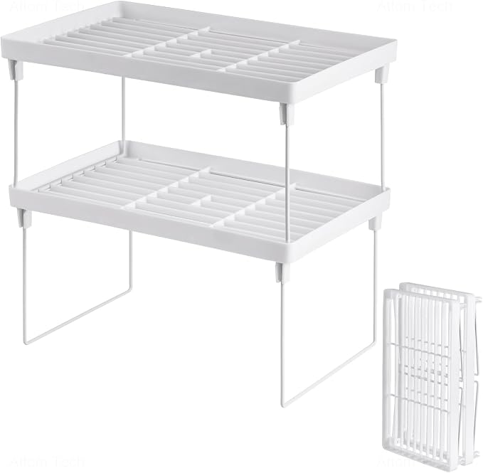 NiHome 2-Pack Stackable Plastic Kitchen Storage Shelf Foldable Rack, White | Stackable Kitchen Cabinet Organizer and Storage Shelves, Expandable Storage Racks for Counter Cabinet Pantry by NiHome