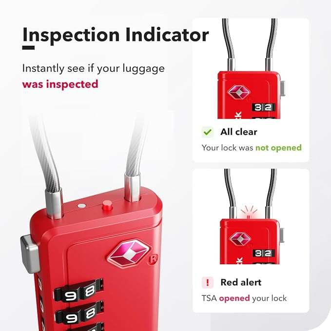 TSA Approved Luggage Locks, Travel Locks with Inspection Indicator | TSA008, Easy to Read Dials, 4 Digit Combination, Flexible Steel Cable, for Suitcases, Backpacks, Bags, 2-Pack, Red - Image 5
