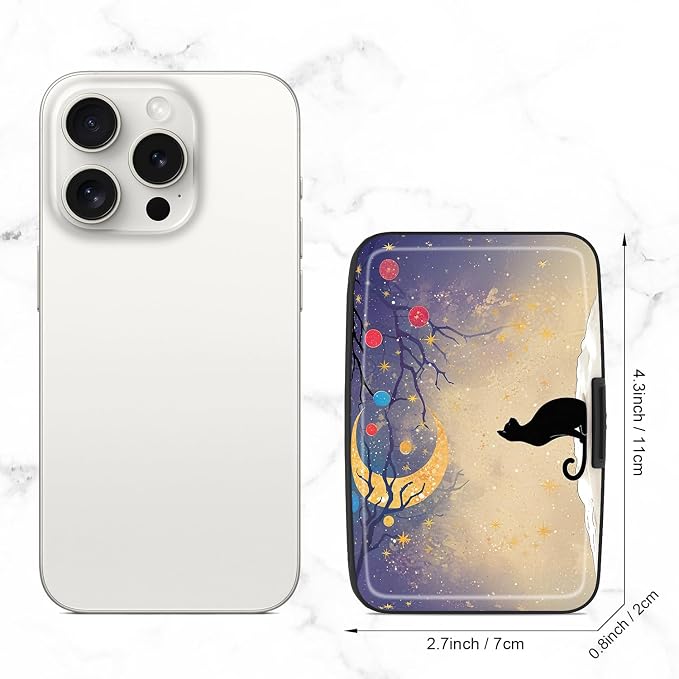 Credit Card Holder, Mini Aluminum Card Wallet RFID Blocking Slim Metal Hard Card Case for Women Men, Moonlight Cat - Image 2