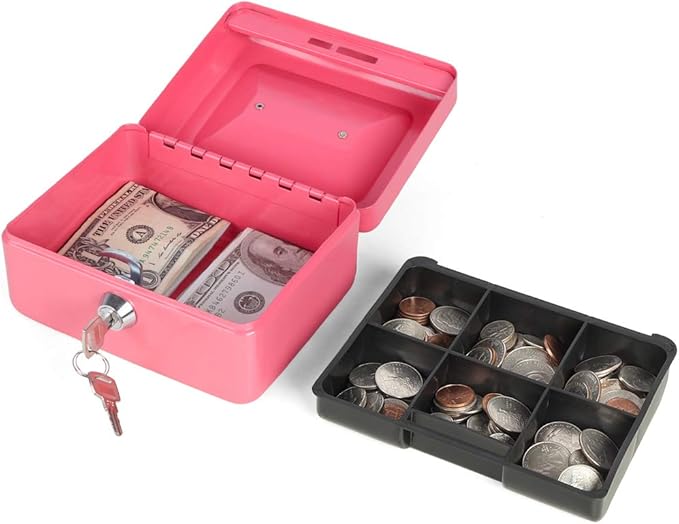 Decaller Small Cash Box with Key Lock, Double Layer Metal Money Box for Home Security, Portable Locking Box, 5.9" x 4.7" x 3.2", Pink - Image 2