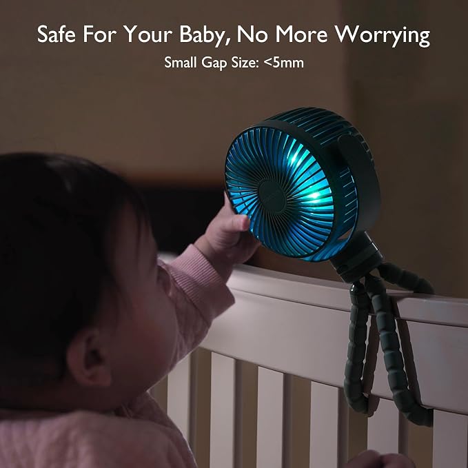 Momcozy 8000mAh Portable Stroller Fan, 27H Ultra-long Battery Life | Detachable 4 Speed 360°Rotate LED Night Light with 2 Modes, USB Rechargeable Handheld Cooling Fan for Travel/Car Seat/Bedroom - Image 4