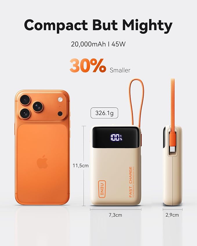 INIU 20000mAh Portable Charger, Smaller 45W Fast Charging Travel Power Bank | Flight-Safe, Built in USB-C Cable, Travel Essential, Battery Phone Pack for iPhone 17 16 Pro, Samsung S26, iPad etc, Beige - Image 3