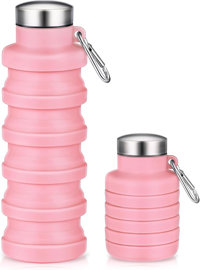 Baderke Collapsible Water Bottles 17oz Travel Sports Portable Water Bottle with Portable Buckle Silicone Lightweight Reusable Leakproof for Camping Hiking Yoga Outdoor(Pink) by Baderke
