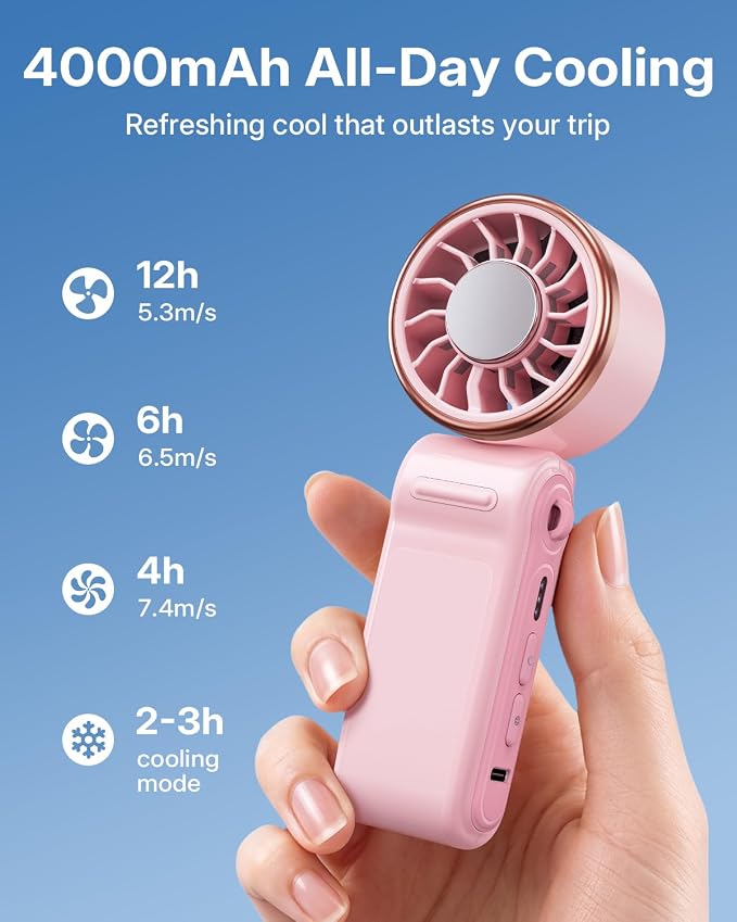 SWEETFULL Mini Portable Fan with Ice Cooling, Lightweight Handheld Pocket Turbo Fan Rechargeable, 3 Speed, Foldable Personal Hand Fan for Travel, Beach Vacation, Women Girls (Pink) - Image 4