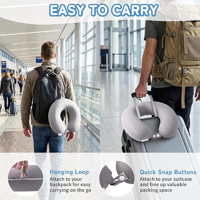 Cooling Travel Neck Pillow, Cool to Touch Memory Foam, Grey | Removable cover, machine washable, 360 degree chin support, slow rebound foam, airplane and car rides, hanging portability - Image 5