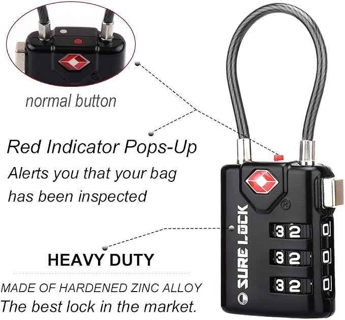 SURE LOCK TSA Approved Luggage Locks with Open Alert Indicator, 3 Digit Combination Cable Travel Lock for Suitcase, Backpack, Gym Locker, Toolbox & Travel Bag(Black 6 Pack - Image 3