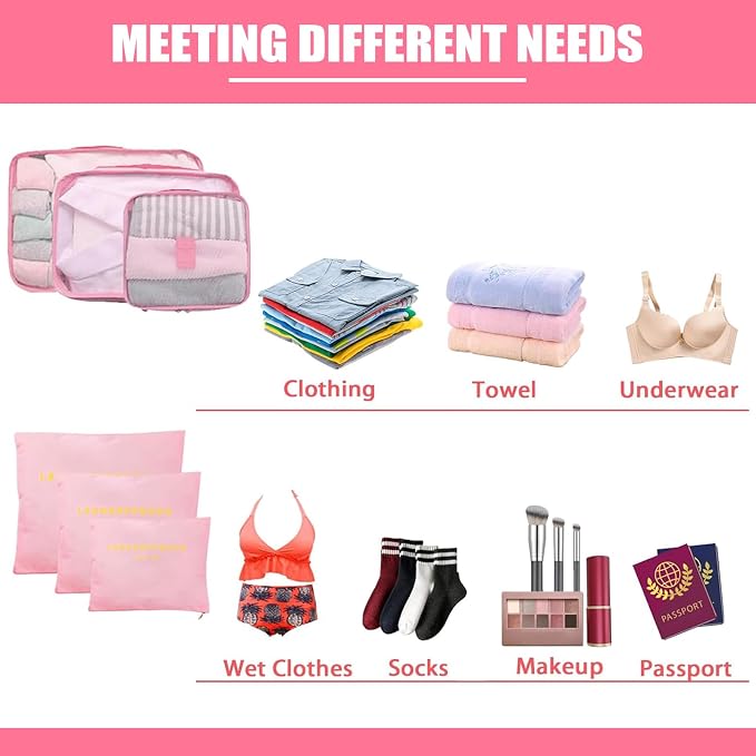 6 Set Packing Cubes for Travel Luggage Packing Bags Reusable Lightweight Suitcase Organizer Cubes Set for Travel Accessories (Pink) - Image 6