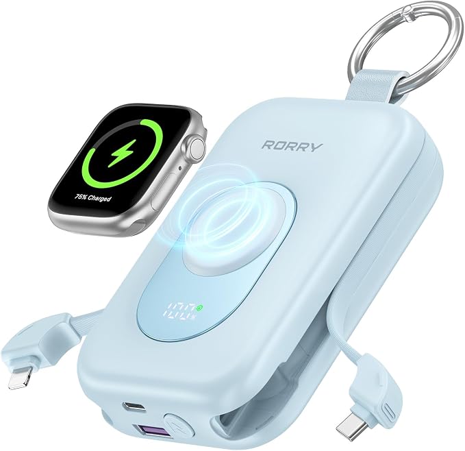 RORRY CharmGo Portable Charger, 20000mAh PD 30W Portable Charger Power Bank | Built-in Cables, Fast Charging Keychain Portable Battery Pack, Travel Essentials for iPhone, Apple Watch, iPad by RORRY