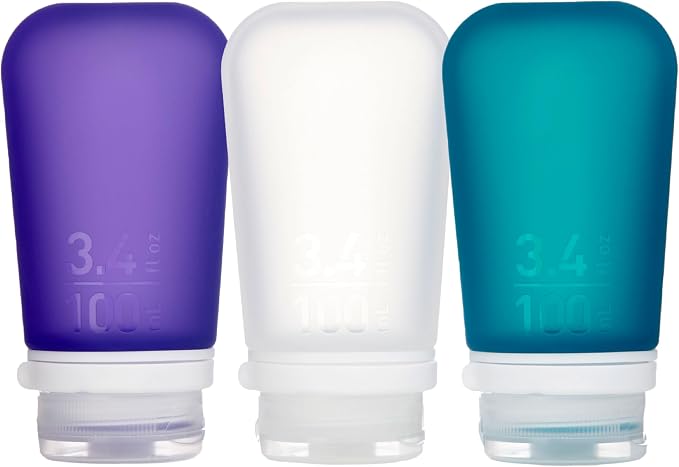humangear GoToob+ 3-Pack, Large (3.4 fl oz), Clear/Purple/Teal | Refillable & Leak-Proof Silicone Travel Size Bottles with Locking Cap for Toiletries, Camping & TSA Carry-On by humangear
