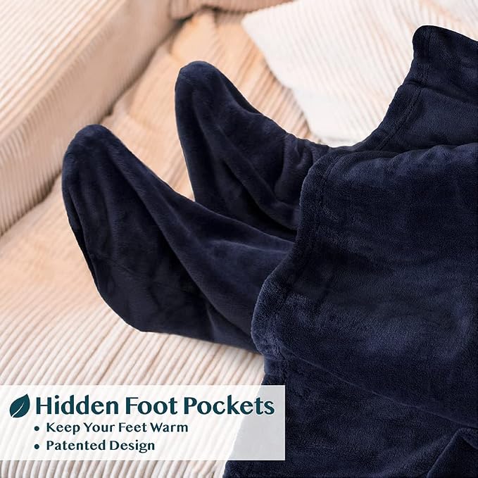 PAVILIA Fleece Blanket with Sleeves, Foot Pockets for Women Men Adults, Plush Wearable Blanket Throw Wrap, Warm Snuggle Blanket Robe, Cozy Gift Ideas Wife Mom, Navy Blue - Image 2