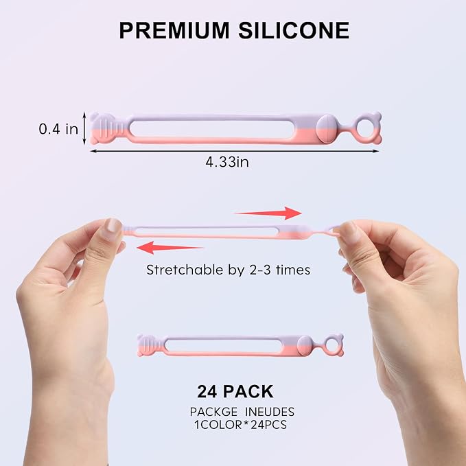 24Pcs Silicone Cable Ties, Reusable Cable Organizer, Purple Pink | Elastic Cord Straps for Earphones, Phone Chargers & Computer Cords, Multipurpose Wire Organizer for Home, Office & Travel - Image 3