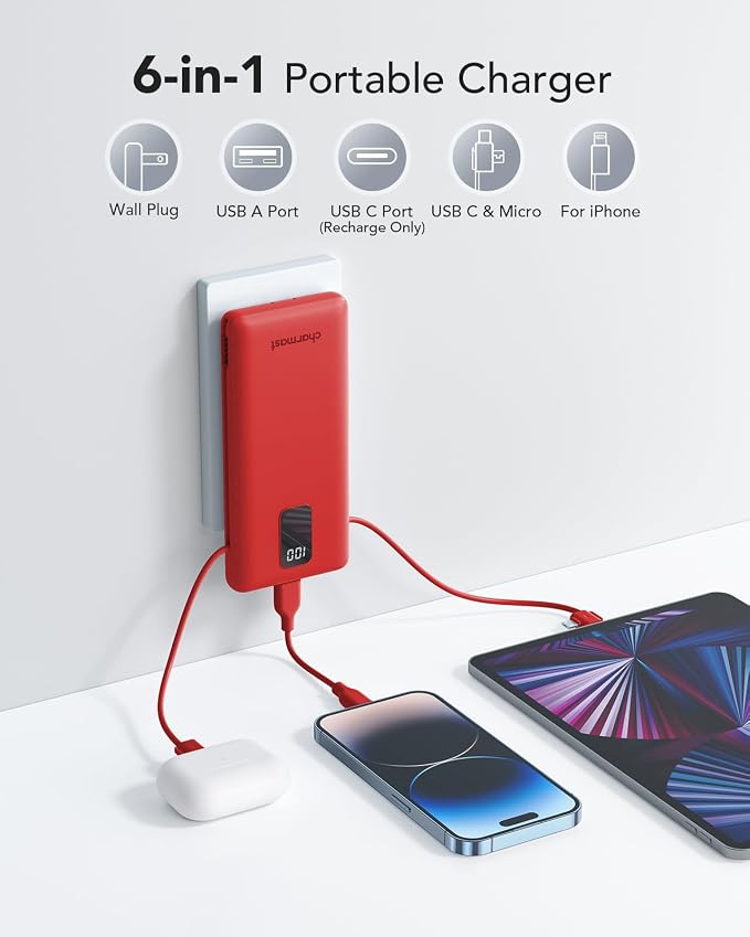charmast Portable Charger Power Bank 10000mAh with Built-in AC Wall Plug | Built-in Cables,5 Outputs,Flight-Safe,Slim Travel Phone Charger for iPhone 17 14,Samsung Galaxy,iPad,Android,Smartwatch,etc - Image 2