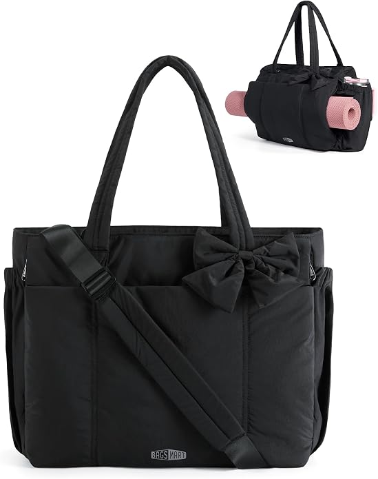 BAGSMART Crush Bow Tote Bag for Women, Puffer Travel Work Yoga Laptop Bag | Large Bow Tote Fits 40oz Tumbler, 15.6" Laptop, Yoga Mat Sleeve, Waterproof Pocket, Travel Work Swim Gym Mom Shoulder Handbag by BAGSMART