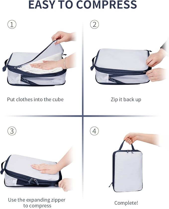 ECOHUB 6 Set Compression Packing Cubes, Lightweight Cruise Ship Vacation Travel Essentials, Durable Travel Accessories for Suitcase Luggage Organizer Bags Set with YKK Zippers Shoe Bag, Dark Blue - Image 6