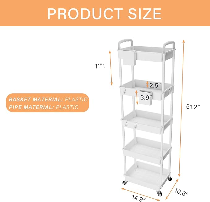 5 Tier Rolling Utility Cart with Handle,REBECAT Utility Cart Made of Multifunctional Storage Organizer Tool for Kitchen,Bathroom,Living Room,Office(White) - Image 5