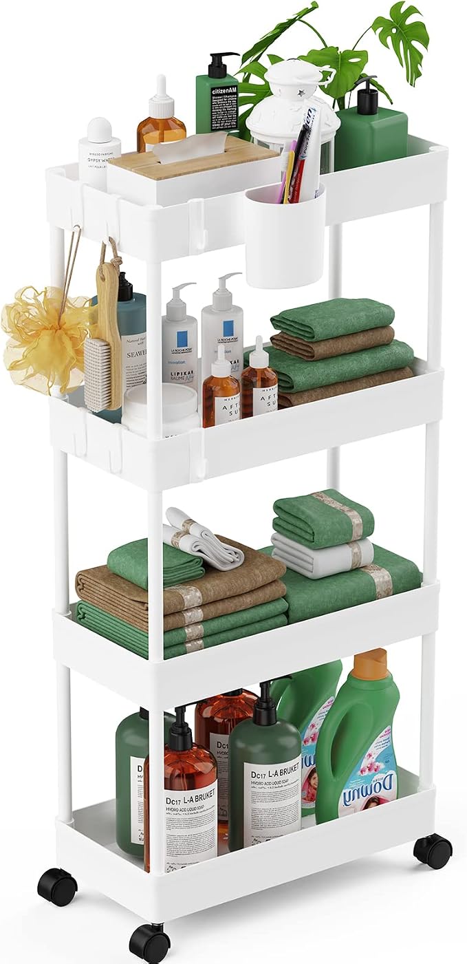 LEHOM Slim Rolling Storage Cart - 4 Tiers Bathroom Organizer Utility Cart | Slide Out Storage Shelves Mobile Shelving Unit for Kitchen, Bedroom, Office, Laundry Room, Small Narrow Spaces (7.1" W+White) by LEHOM