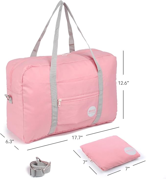 WANDF Foldable Travel Duffel Bag Luggage Sports Gym Water Resistant Nylon (D-Coral Pink with Strap) | 18x14x8 inches, Airline Underseat Aprroved, Weekend Overnight Trips, Lightweight Packable - Image 8