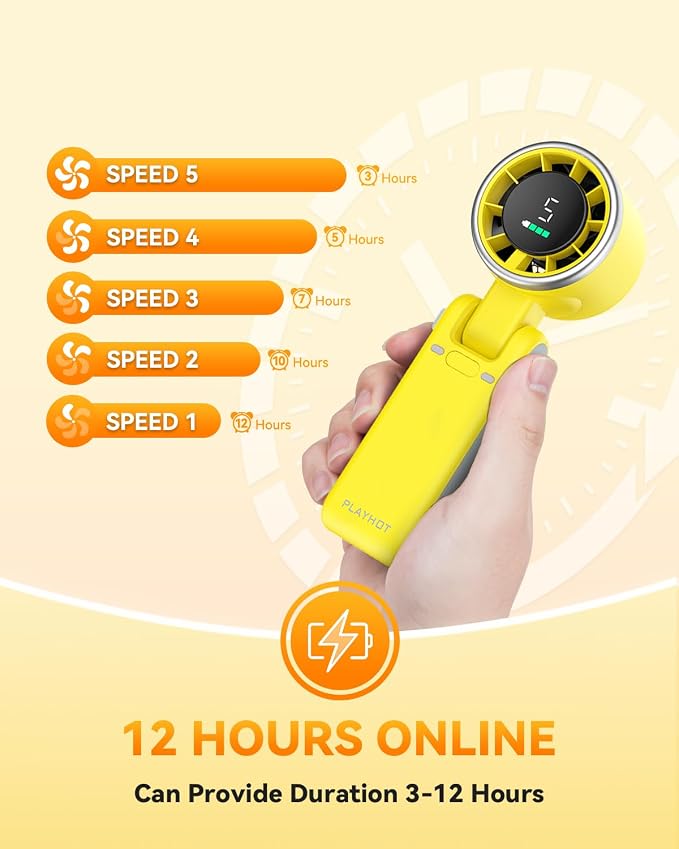 PlayHot Portable Handheld Turbo Fan, Travel Essentials, Gifts for Women/Men | 5-Speed, Up to 12H, 10m/s Airflow, USB-C Rechargeable, LED Display, 3-in-1 Foldable Personal Fan for Cruise, Beach, Vacation - Image 4