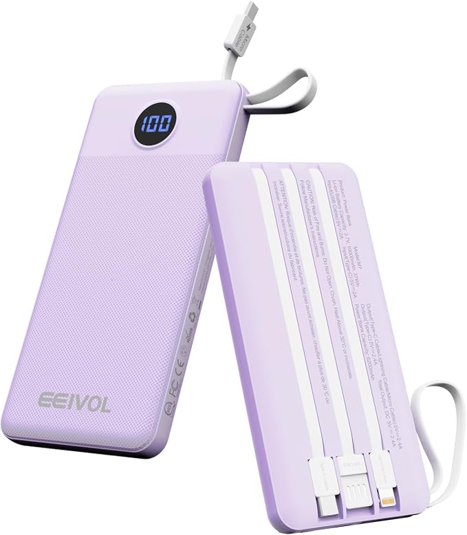 Portable Charger with Built in Cables, Slim 10000mAh Power Bank, USB C Battery Pack Travel, 4 Output 2 Input External Charging Bank for iPhone 17/16/15/14/13,Samsung, Android, etc-Purple(1 Pack) by EEIVOL