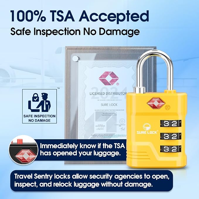 SURE LOCK TSA Approved Luggage Lock – 3-Digit Resettable Combination Padlock with Open Alert Red Dot, Large Easy-Read Dials for Suitcases, Backpacks, Gym & School Lockers(Yellow 1 pk) - Image 2