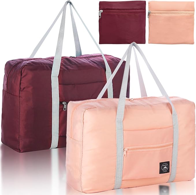Foldable Travel Duffel Bag 2PCS Tote Carry on Luggage Bag Spirit Airlines Personal item Sports Gym Bag Water Resistant Weekender Overnight Bags for Women and Men (Pink+Red) by INVODA