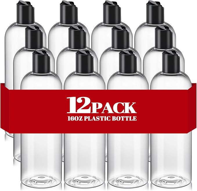 12Pcs 16oz Clear Plastic Refillable Travel Bottles with Black Disc Top Caps | Squeeze Empty Shampoo Bottles, For Shampoo and Conditioner, For Lotions, Body Soap Cream, Cosmetic Containers by DPLASKA
