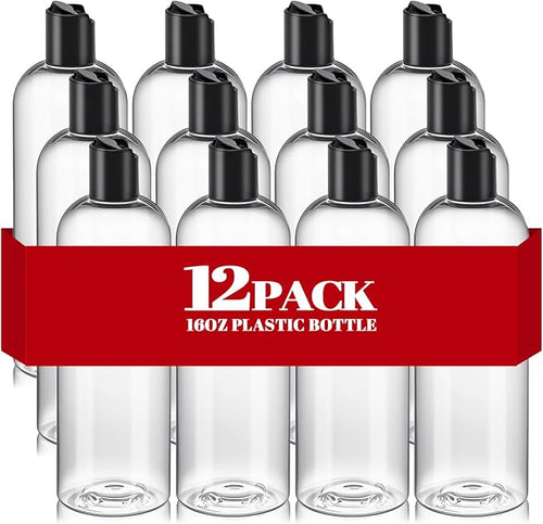 12Pcs 16oz Clear Plastic Refillable Travel Bottles with Black Disc Top Caps | Squeeze Empty Shampoo Bottles, For Shampoo and Conditioner, For Lotions, Body Soap Cream, Cosmetic Containers by DPLASKA