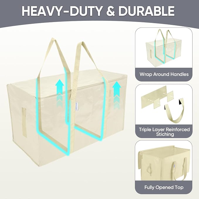 TICONN 2 Pack Extra Large Moving Bags Heavy Duty with Zippers & Carrying Handles, Durable Storage Bags Moving Boxes for Closet Organizers and Storage (2 Pack, Cream) - Image 3