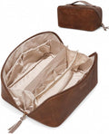 EACHY Travel Makeup Bag for Women, PU Leather Cosmetic Bag, Brown, Large | Water-resistant PU leather exterior with flat-open access, clear TPU brush compartment and organized storage for cosmetics by EACHY
