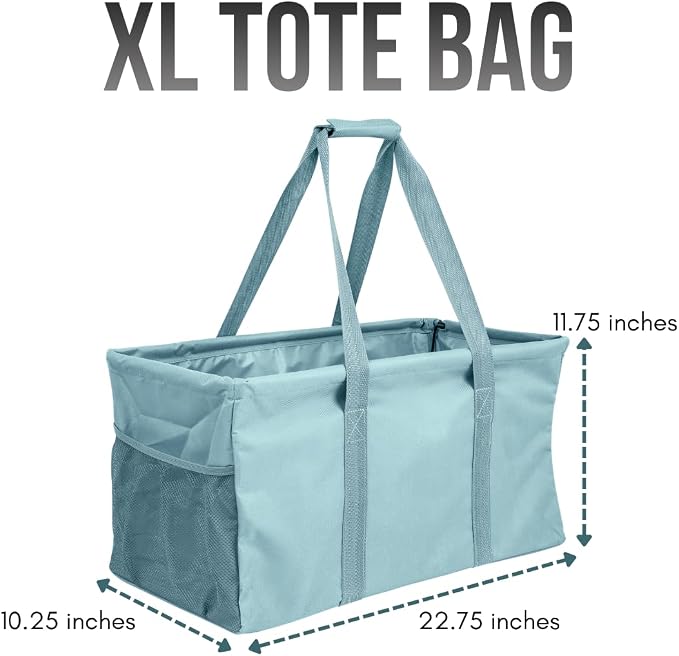 Extra Large Utility Tote Bag - Oversized Collapsible Reusable Wire Frame Rectangular Canvas Basket With Two Exterior Pockets For Beach, Pool, Laundry, Car Trunk, Storage - Light Blue - Image 4