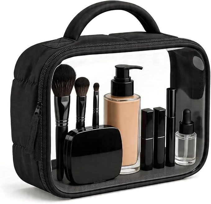 Moyad TSA Approved Toiletry Bag Clear Quart Size Travel Bags Makeup Bag | Large Opening, for Men and Women, Carry on Airline Compliant, Transparent Liquids Pouch, Puffer Black by Moyad