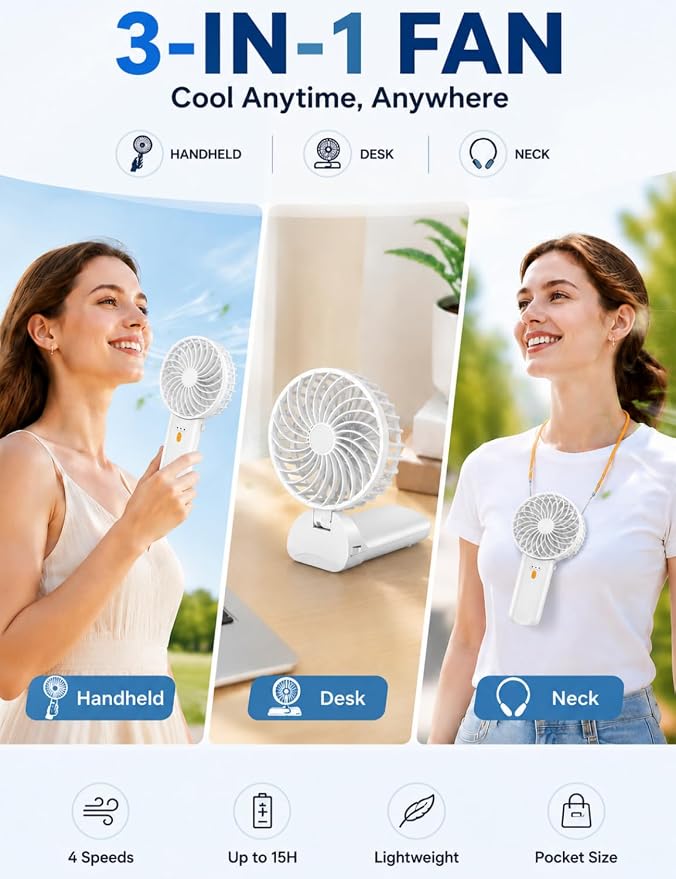 Portable Mini Fan, Quiet Foldable Fan with Lanyard (White) | 4 Speeds, 15H Rechargeable Battery, Portable Pan for Travel, Home, Office, Outdoor, Makeup, Women, Men, White - Image 3
