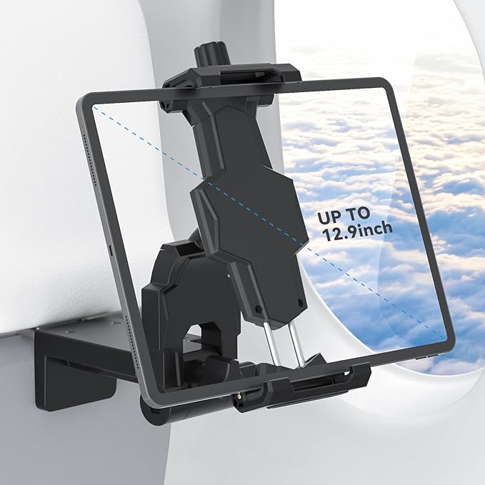 KDD Airplane Tablet Holder Mount, Adjustable Travel Essentials iPad Phone Stand with 360 Degree Rotation, Portable Tesla Model 3/Y Car Headrest Mount Compatible with iPad, Cell Phone by KDD