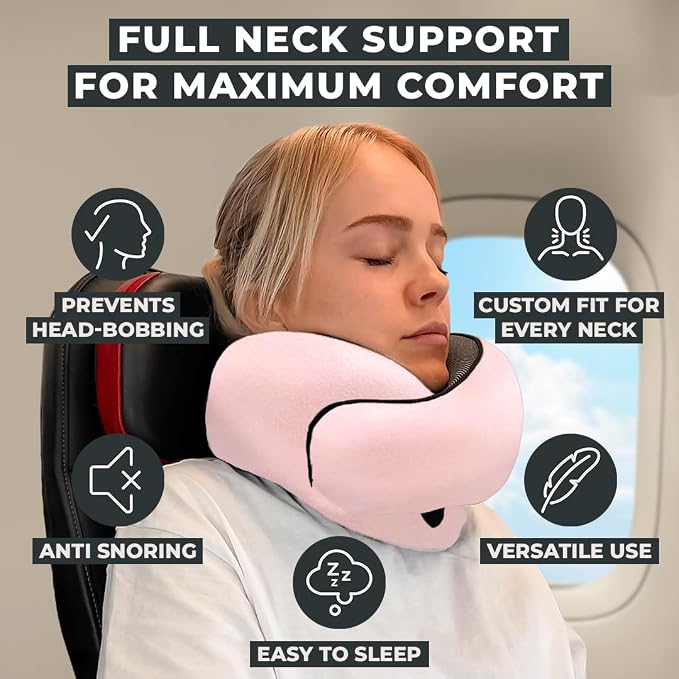 FlyHugz® Neck Travel Pillow Memory Foam Neck Pillow for Comfort on Airplane Compact and Ergonomic Design for Travel, Car Rides, and Home Use Ideal for Adults and Kids. (Pink) - Image 2