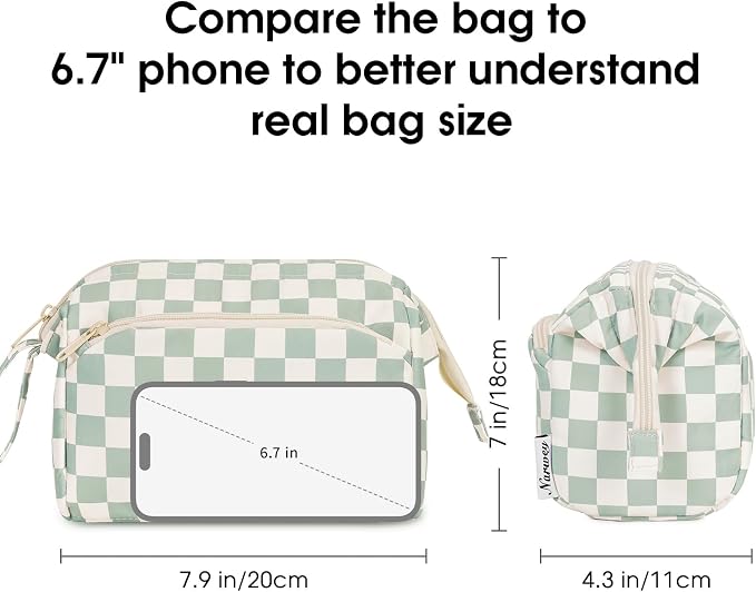 Narwey Makeup Bag Women Girls, Travel Toiletry Bag for Women Cosmetic Bag Organizer Make up Bag with Compartments Toiletries Medicine Bag (Mint Green Checkerboard) - Image 4