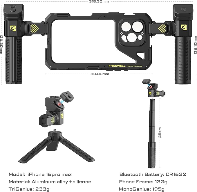 Freewell Genius Rig Cage for iPhone 16 Pro Max - Tool-Free Setup, Multifunctional Tripod and Monopod Handles, Bluetooth Remote | Includes tripod handle, monopod handle, remote and lens mount for filming, stability and control - Image 7