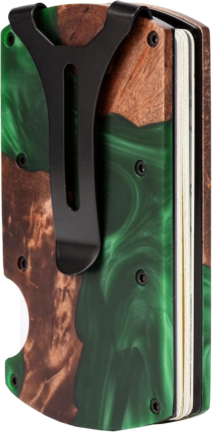 Minimalist Wallet for Men, Slim Metal RFID Blocking Wallet Credit Card Holder Money Clip & Cash Strap, Scratch-Resistant Holds 15 Cards,Ideal Gift for Men | Resin Wood, Unique Pattern,Green - Image 7
