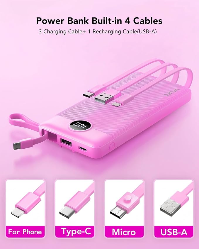 VRURC Portable Charger, Built-in 4 Cables Power Bank 10000mAh, Lightweight USB C Portable Phone Charger, 5 Output 2 Input Compatible with Smart Phones,Samsung,Android etc-Purple(1 Pack) - Image 2