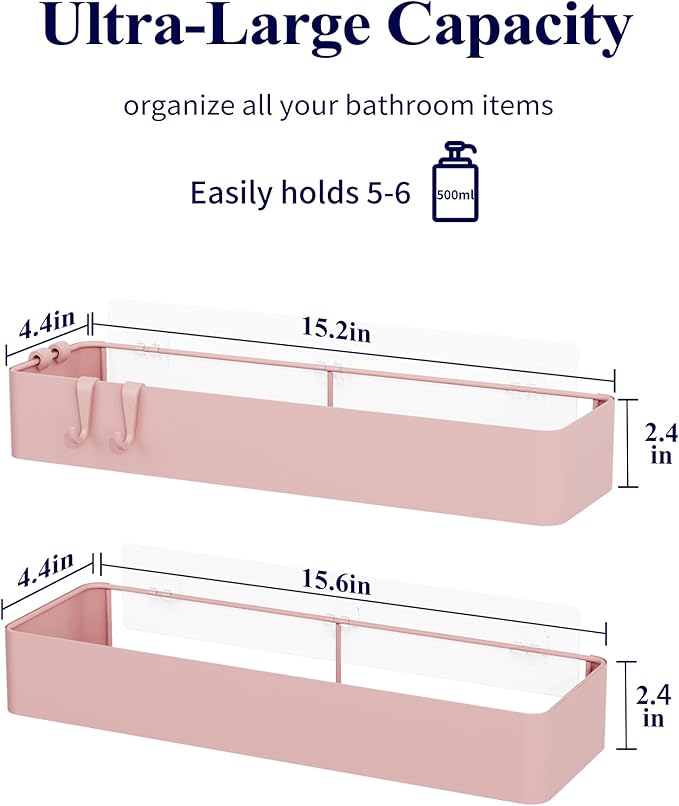Kitsure Shower Caddy Adhesive, Stylish Shower Organizer, XX-Large, Pink | 2 Pack Shower Shelf for Inside Shower, 100% Rustproof Metal Shelves, No-Drill Bathroom Organizers and Storage - Image 2