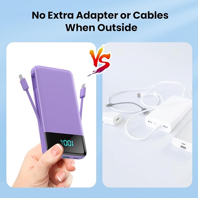 Portable Charger with Built-in AC Plug and Cables,13800mAh All in One USB C Fast Charging Power Bank,Travel Essentials Portable Phone Charger Battery Pack for iPhone 17/16/15/13,Galaxy,Android-Purple - Image 4
