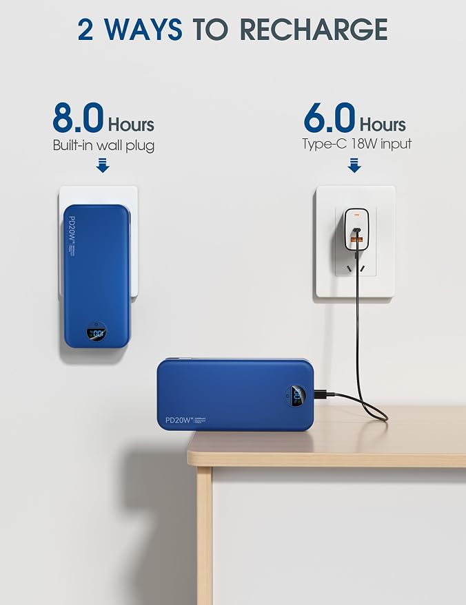 citicr Portable Charger 20000mAh PD20W w/Built-in Cables & Wall Plug Navy | High capacity, Fast charging, Built-in wall plug, LED display, Charge 5 devices at once, Pass through charging, TSA approved - Image 6