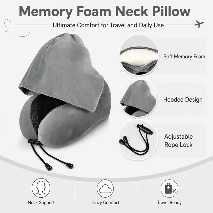 Travel Blanket and Pillow Set - Hooded Neck Pillow Airplane Essentials Grey | Memory Foam, Sleep Mask, Earplugs, Foldable Duffel Bag Soft Comfort for Long Plane Flight Traveling Car Road Trip Flying - Image 3