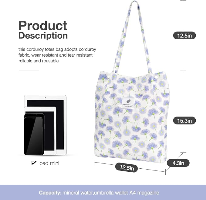 LHMTQVK Corduroy Tote Bags for Women, Large Capacity Tote Purse Reusable Grocery Shoulder Bag with Inner Pockets - Image 3