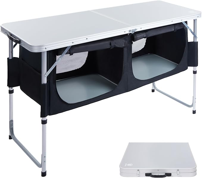 EVER ADVANCED Folding Camping Table with Storage, 4 ft * 2 ft Aluminum Composite Desktop & Adjustable Legs, Outdoor Kitchen Table for Tailgating, Backyard, BBQ and Picnic by EVERADVANCED
