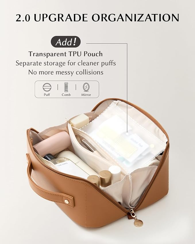 EACHY Travel Makeup Bag for Women, PU Leather Cosmetic Bag, Brown, Medium | PU leather organizer opens flat with two TPU brush pockets and divided storage for makeup, skincare, toiletries and travel - Image 4