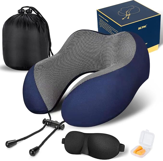 MLVOC Neck Pillow for Traveling, Upgraded 100% Pure Memory Foam Travel Neck Pillow for Airplane Flight Sleep, Breathable & Machine Washable Cover, Travel Kit with 3D Eye Mask, Earplugs & Bag, Blue | memor foam by ProfessionalMemoryFoamProductsManufacturers