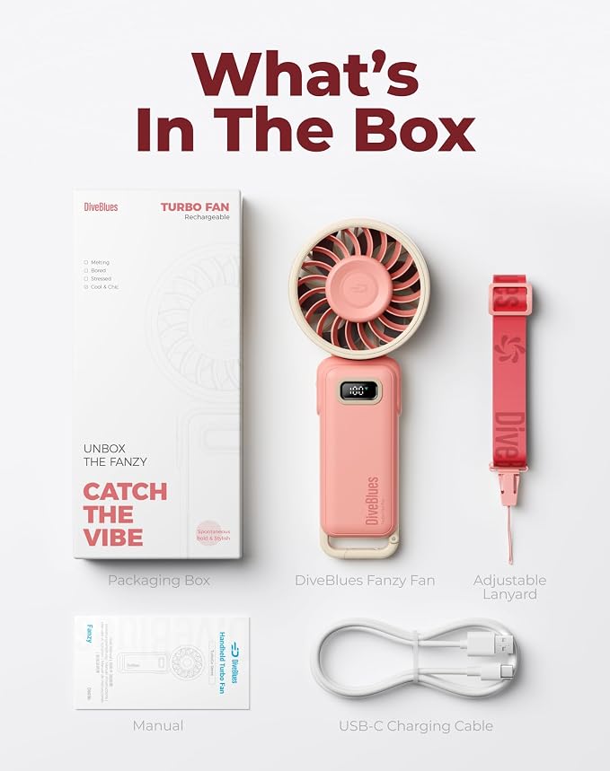 Diveblues Portable Turbo Fan, Pink Travel Fan, Wearable Neck Fan | Small High Speed Handheld, 180° Foldable 4-in-1, Personal Neck Fan with Carabiner Clip, 100 Speed Stepless Control - Image 7