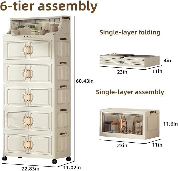 260QT Stackable Storage Bins with Lids & Rack, 6 Tier Large Capacity Foldable Storage Cabinet, Clear Collapsible Pantry Organizer for Home, Kitchen, Bathroom, Dorm, Office, White - Image 2