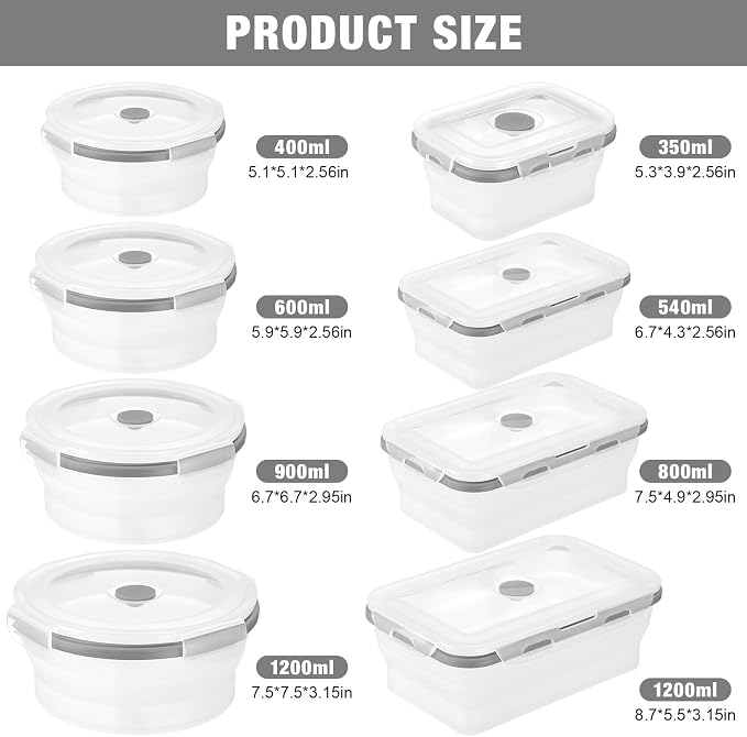 12 Silicone Collapsible Food Storage Containers Foldable Silicone Lunch Container 6 Rectangle and 6 Round Airtight Collapsible Bowl with Lid Set for Kitchen Microwave (Translucence Gray) - Image 2