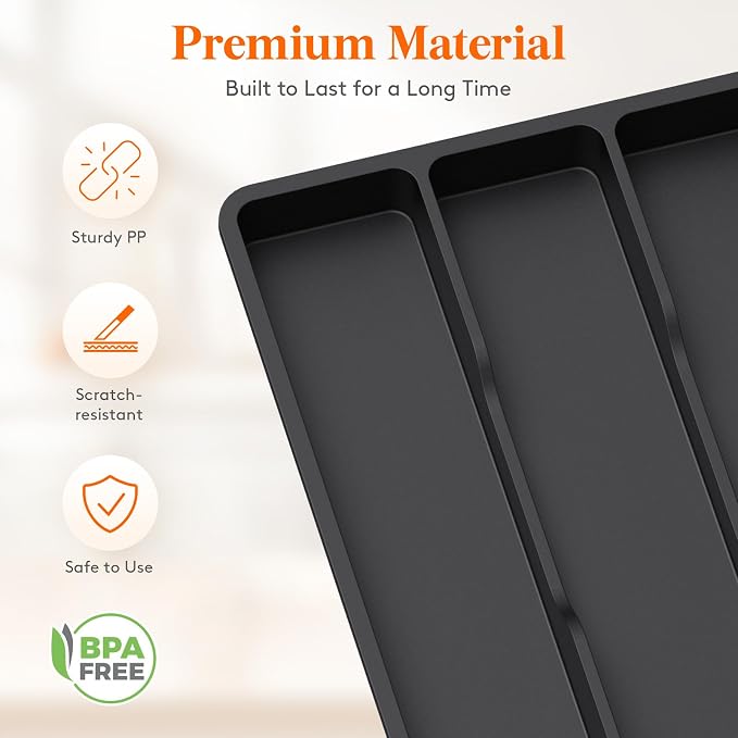 Lifewit Utensil Organizer for Kitchen Drawer, Expandable Cooking Tray | Adjustable Cutlery Flatware Holder, Plastic Silverware Spatula Tools Storage Divider, 11.9-17.3 x 15.8", Black - Image 5
